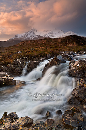 Sgurr Nan Gillean . Sligachan Waterfall . Sunrise. Isle of Skye. Scotland.