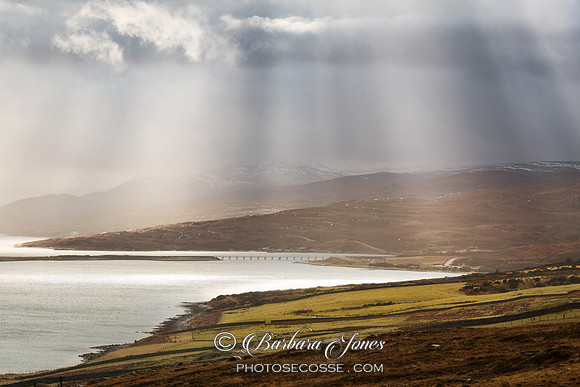 Kyle of Tongue Causeway. Sunbeams. Sutherland. Scotland.