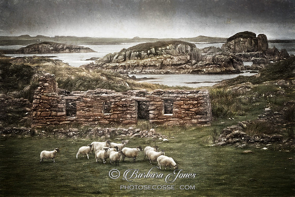 Kintra. Pink Granite Black House Sketch.Ross of Mull. Scotland.
