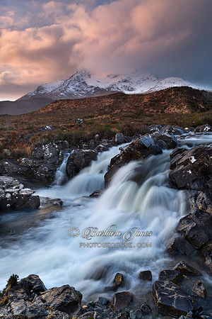 Sgurr Nan Gillean . Sligachan Waterfall . Sunrise. Isle of Skye. Scotland.