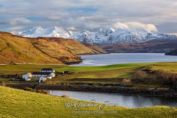 The Cuillins and Gesto Farm, Skye, Scotland.
