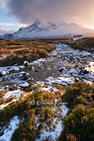 Sligachan. Allt Dearg Cottage and snow. Isle of Skye. Scotland.