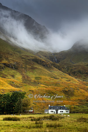 Glen Coe Achnambeithach Cottage Mist Scotland.