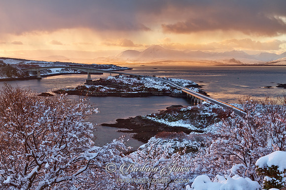 The Skye Bridge with Snow at Sunset. Am Ploc, Kyle of Lochalsh. North West Highlands. Scotland.
