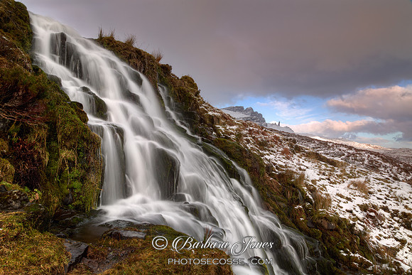 Old Man of Storr. Waterfall in Winter. Trotternish. Isle of Skye. Scotland.
