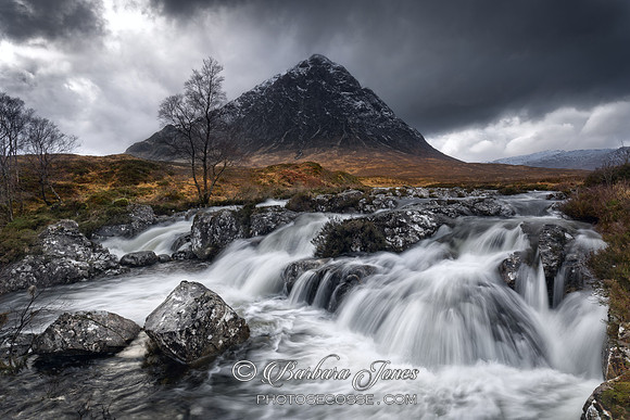 Buachaille Etive Mor. River Coupall in Spate. Glen Etive. Highland Scotland. Mono