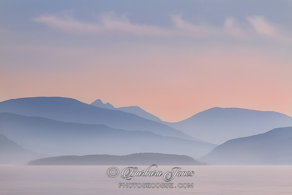 Loch Alsh misty view in pastel. Isle of Skye. Scotland.