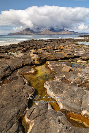 Laig Bay Beach. Eigg. Cloud over Rum. Small Isles, Scotland.