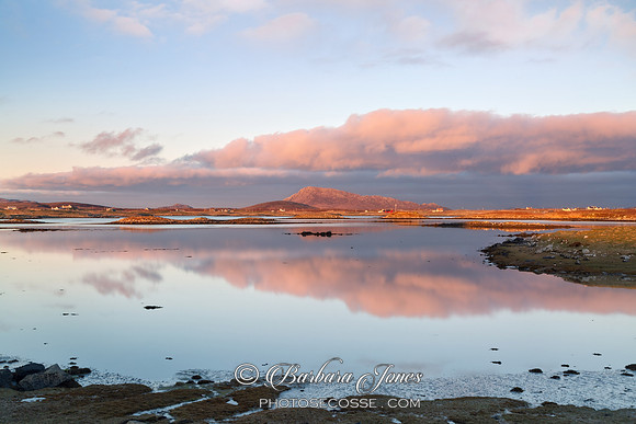 Cladach Baleshare Sunset Reflection. Towards Eaval. North Uist. Outer Hebrides. Scotland.