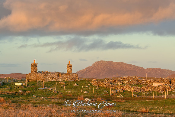 Cladach Baleshare ruin in evening light. Painting. North Uist. Outer Hebrides. Scotland.