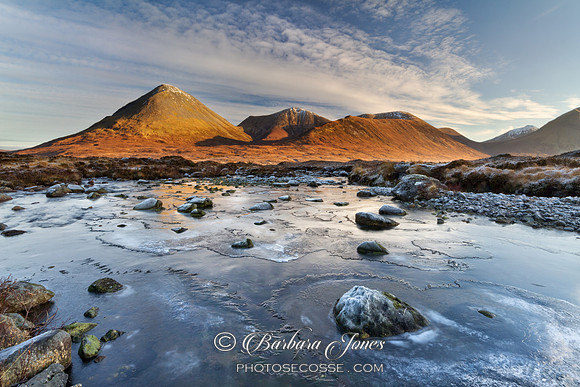 Sligachan. Red Hills and frozen River . Isle of Skye. Scotland.