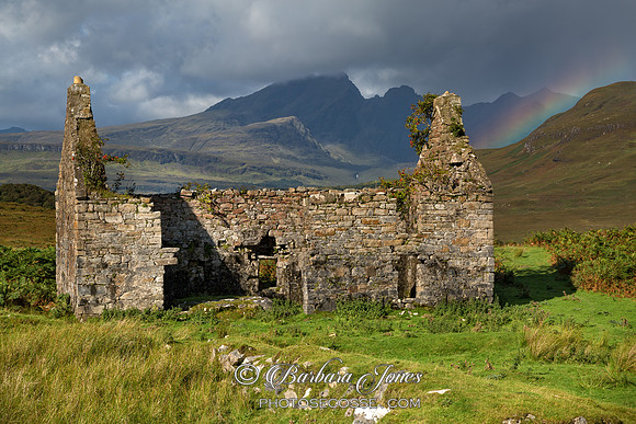 Kilchrist Ruin and Blaven . Rainbow. Isle of Skye. Scotland.