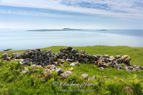 Grulin Iochdrach Ruin Eigg. View to Muck. Small Isles. Scotland.
