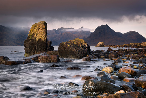 Elgol and Sgurr na Stri.  Rocks, Waves and Mist. Isle of Skye. Scotland.