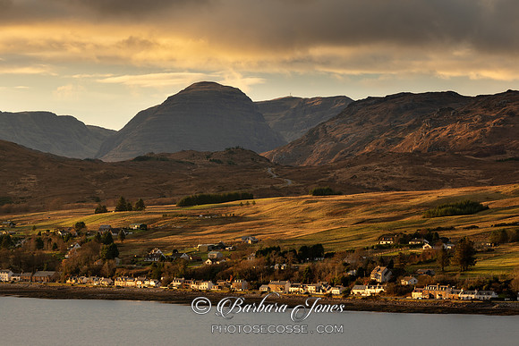 Lochcarron Village and The Applecross Hills. Sunset Light. Wester Ross. Scotland.