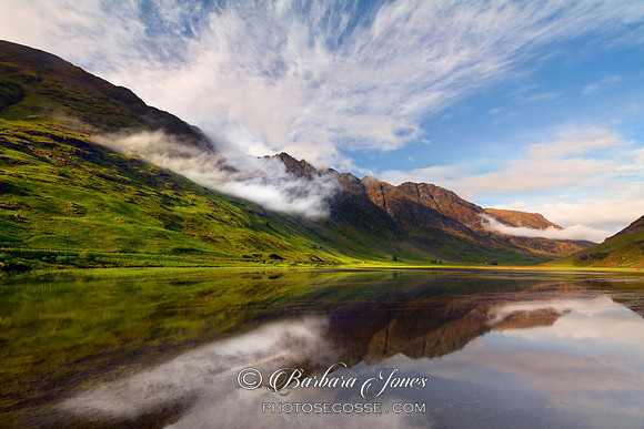 Mist. Loch Achtriochtan Evening Light. Aonach Eagach. Glen Coe. Scotland.