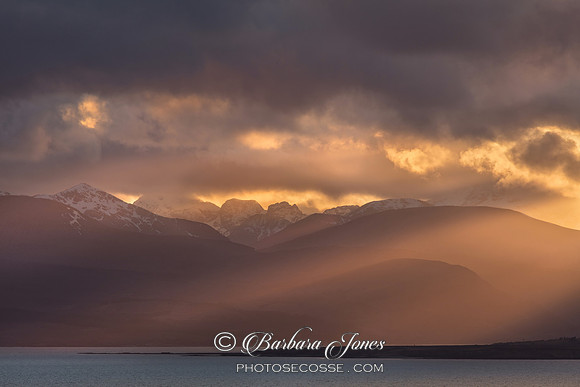 Sunbeams. Cuillins across Loch Alsh. Scottish Highlands.