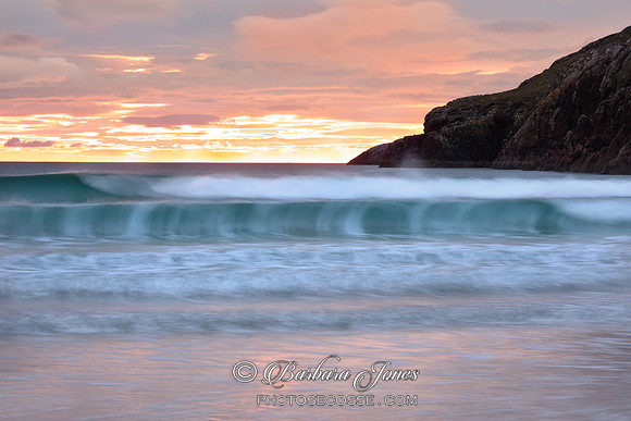 Oldshore Beg. Polin Sunset Waves. Sutherland. Scotland.