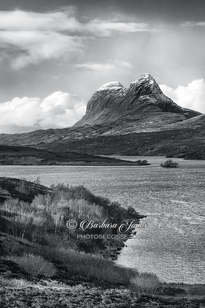 Suilven and the Cam Loch. Winter Sun. Elphin. Assynt. Highland Scotland. MONO jpg