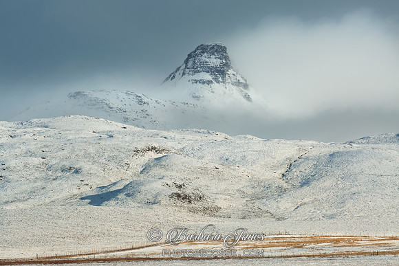 Stac Pollaidh Snow and Mist. From Loch Oscaig. Coigach. Scotland.