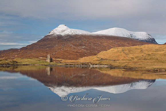 Ardvreck Castle and Quinag. Reflection in Loch Assynt.  Scotland.