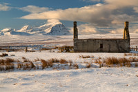Ben Hope and Moine House Ruin in Winter. A' Mhoine. Sutherland. Scotland.
