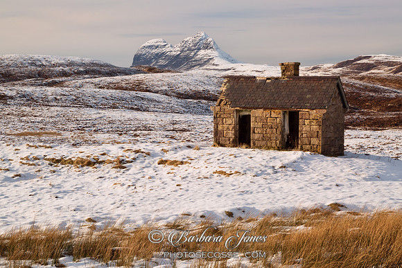 Suilven and Bothy from Elphin. Winter. Assynt.  Scotland.