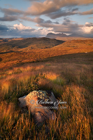 Suilven, evening light in Autumn, from Druim Bad a Ghaill. Coigach. North West Geopark. Scotland.