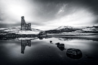 Ardvreck Castle and Quinag in Winter. Loch Assynt.  N.W. Geopark. Scotland.