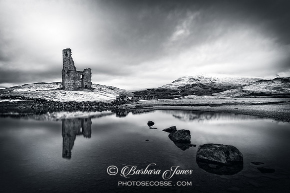 Ardvreck Castle and Quinag in Winter. Loch Assynt.  N.W. Geopark. Scotland.