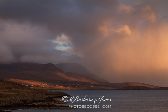 Achiltibuie from Polbain, stormy light at sunset. Scotland.