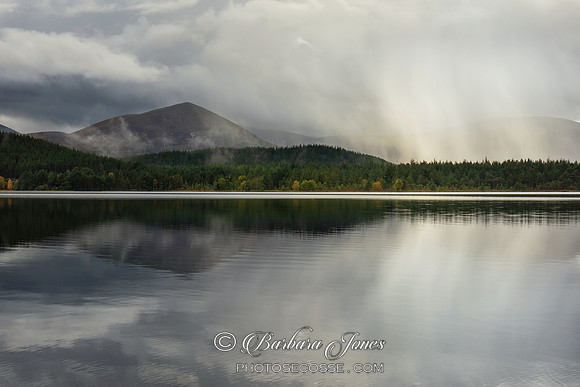 Loch Morlich Rain Shower. Cairngorm National Park. Scotland.