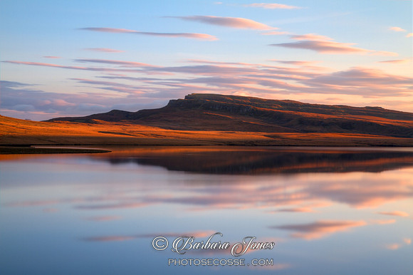 Loch Leathan at Sunset in Winter. Trotternish, Isle of Skye, Scotland.