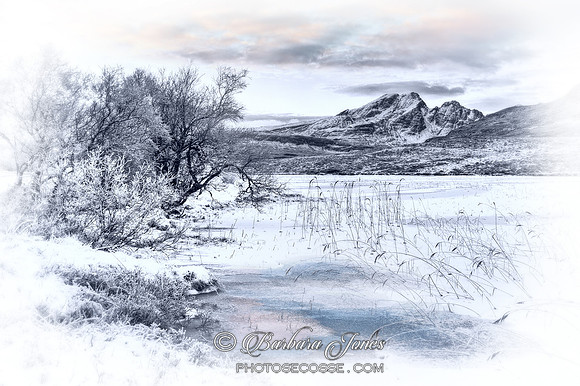 Blaven and Cill Chriosd Lochan. Mono vignette.. Strath Suardal. Isle of Skye. Scotland.