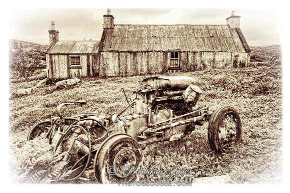 Golden Road. Tractor and Cottage. Artworked. Isle of Harris. Scotland.