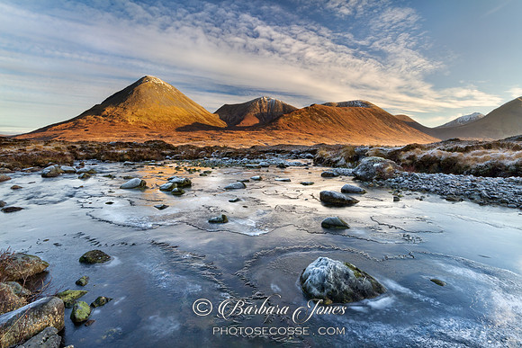 Red Cuillin and Frozen River Sligachan Isle of Skye. Scotland.