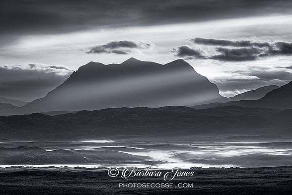 Cul Mor Sunbeams in Mono. Coigach. North West Geopark. Scotland.